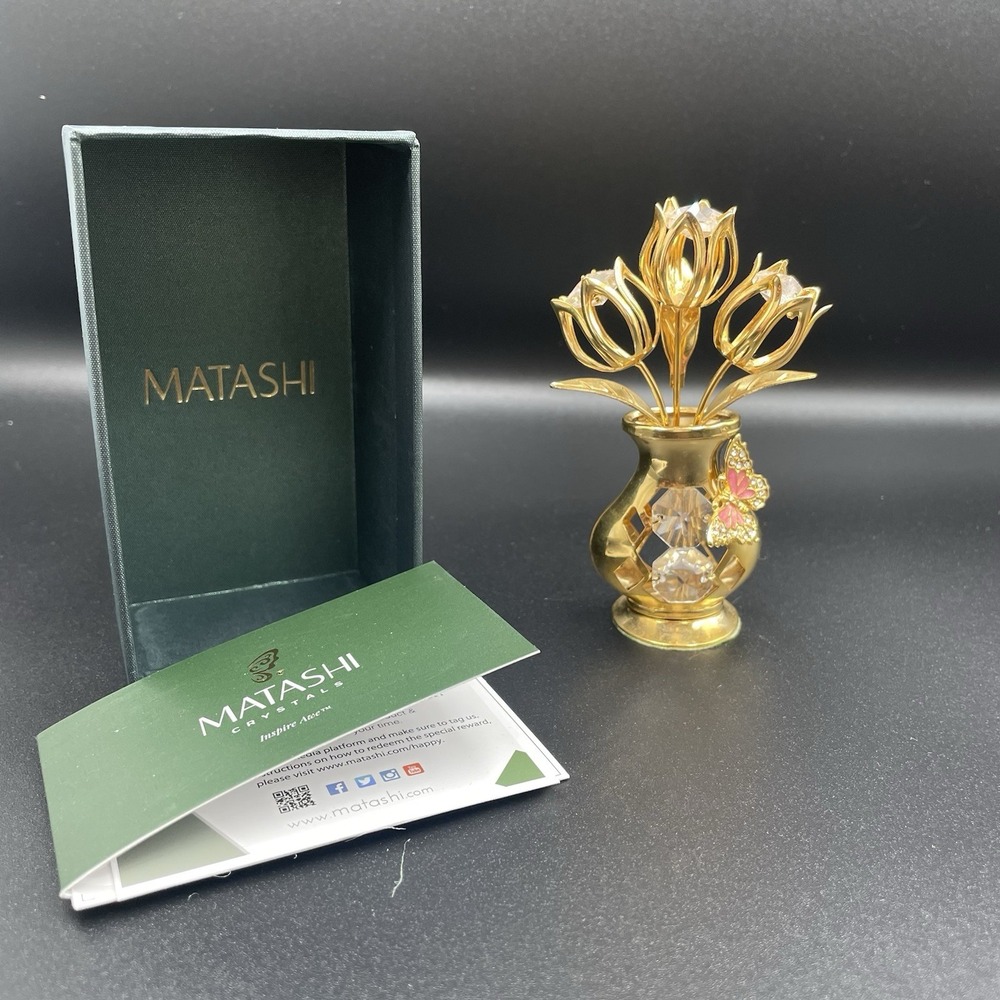 Matashi 24K Gold Plated Crystal Studded Tulip‎ Flower Bouquet Butterfly in Vase